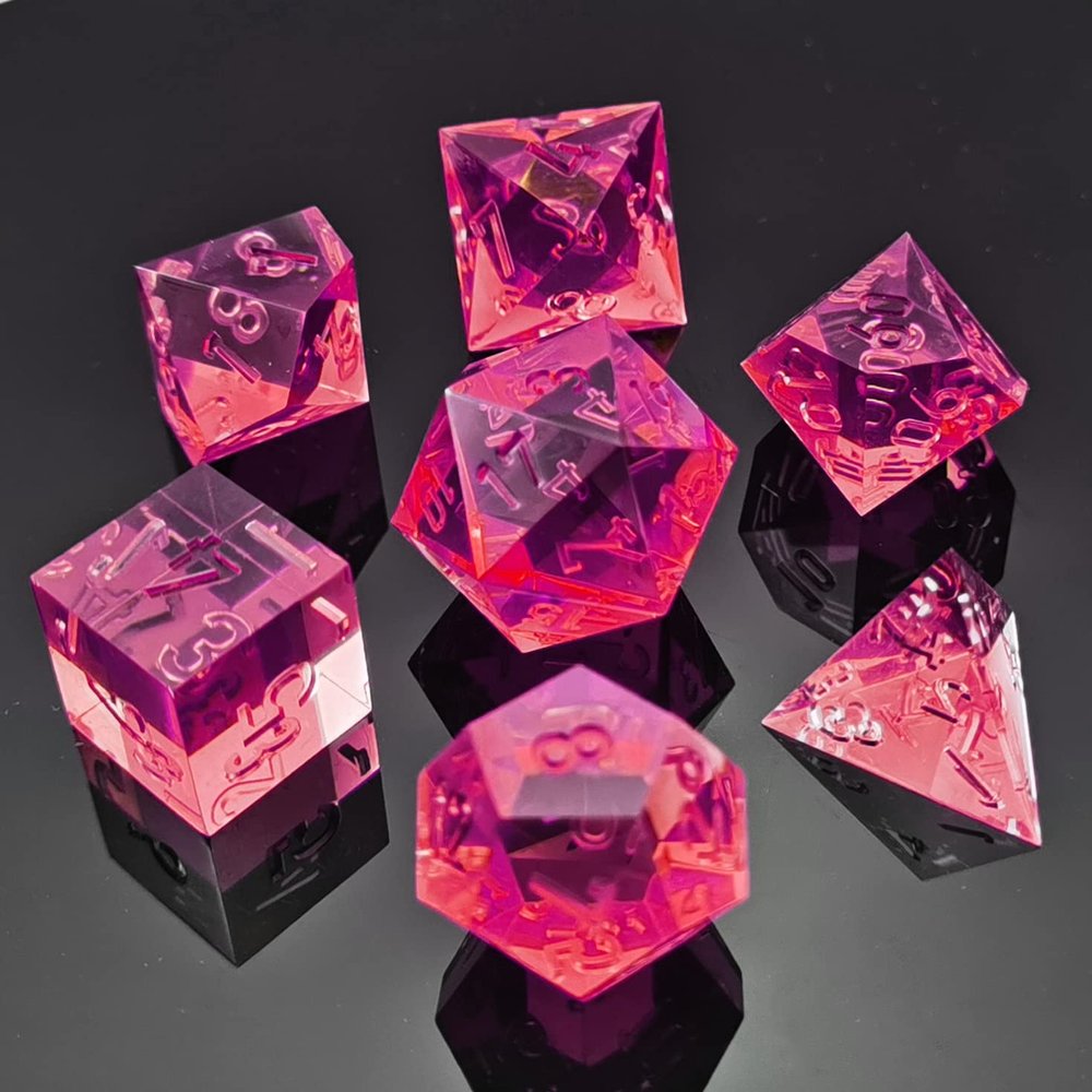 Bescon Crystal Clear (Unpainted) Sharp Edge DND Dice Set of 7, Razor Edged Polyhedral D&D Dice Set for Dungeons and Dragons Role Playing Games, WineRed Color