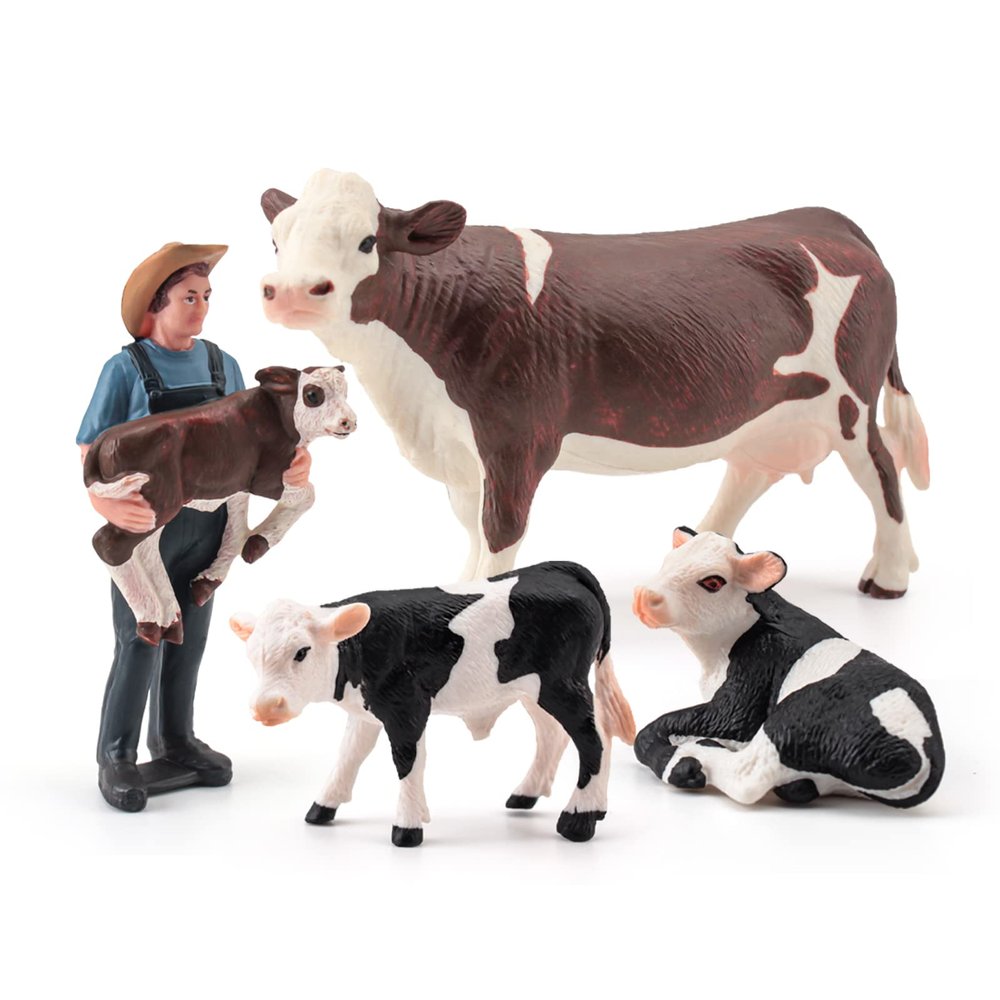 LC JoyCre Realistic Cows Toys for Kids 4pcs Simmental Cow Holstein Calf Lying Calf Cake Topper Farm Animal Set Deco Collection School Gift for Toddlers