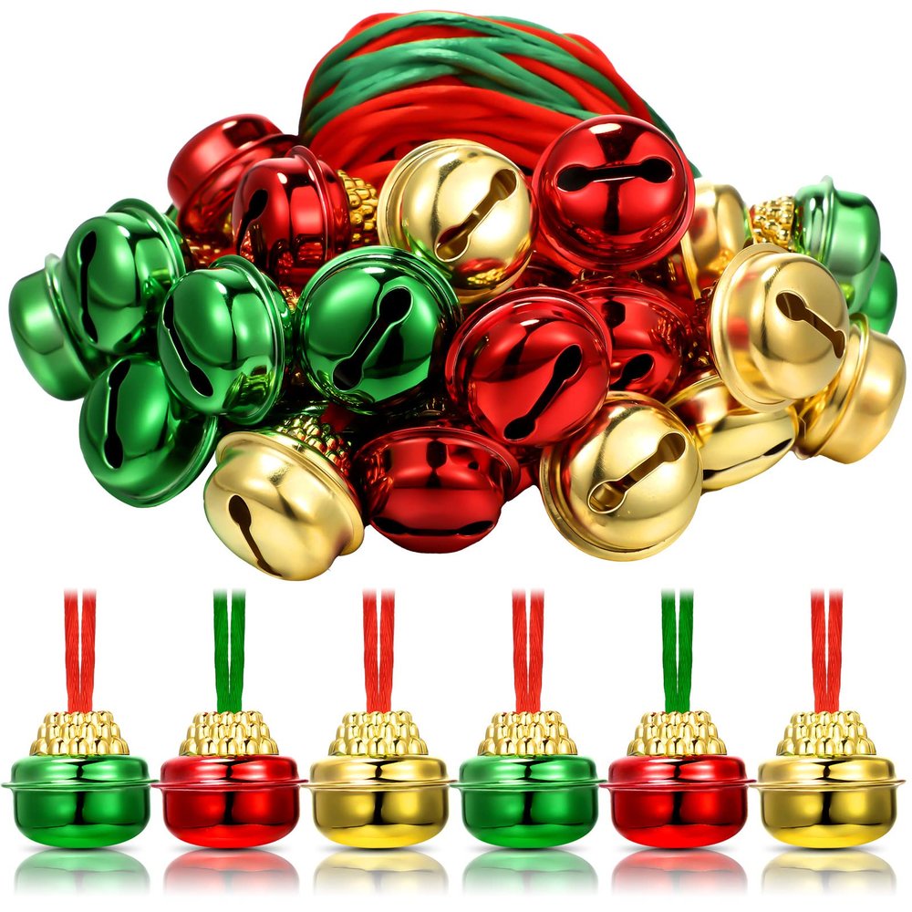 30 Pcs Christmas Bell Necklaces Red Green Gold Christmas Holiday Necklaces Christmas Hanging Bells Crafts for Xmas Holiday Party Supplies Favors Decorations Accessories Stocking Stuffers