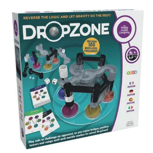 The Happy Puzzle Company Dropzone Reverse Logic and Let Gravity Do The Rest! Play Alone or Beat An Opponent in 100 Fun Multi-Challenge Levels Ages 8+
