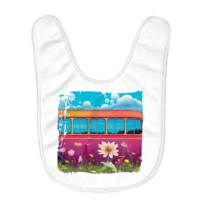 Flower Design On Hippie Bus Baby Bibs - Printed Baby Feeding Bibs - Graphic Bibs for Eating