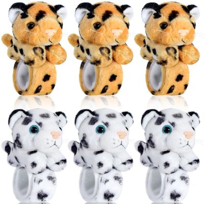 Sosation 6 Pcs Tiger Leopard Stuffed Animal Slap Bracelets for Kids Hug Slap Bracelet Bulk Tiger Leopard Stuffed Animal Plush Kids Toy for Halloween Birthday Gifts Party Favors(Leopard Style)