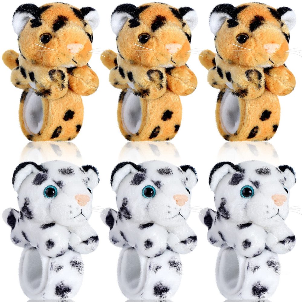 Sosation 6 Pcs Tiger Leopard Stuffed Animal Slap Bracelets for Kids Hug Slap Bracelet Bulk Tiger Leopard Stuffed Animal Plush Kids Toy for Halloween Birthday Gifts Party Favors(Leopard Style)