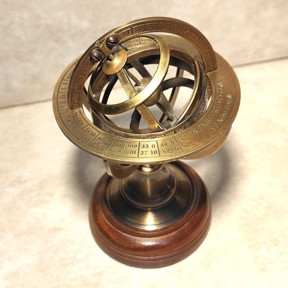 Karv Instruments Antique Brass 6" Decorative Armillary Sphere Globe Astrolabe Zodiac Engraved Celestial Globe Wooden Base