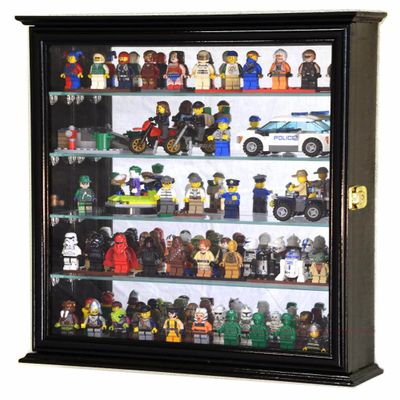 4 Adjustable Shelves Mirror Back Minifigures Display Case Cabinet for Miniatures / Figurines / Mini Figures (Black)