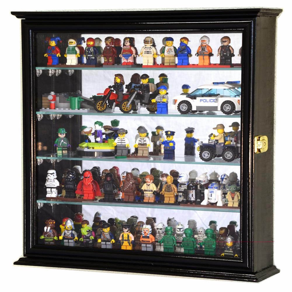 4 Adjustable Shelves Mirror Back Minifigures Display Case Cabinet for Miniatures / Figurines / Mini Figures (Black)