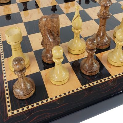 3 1/2 inch King Staunton Wood Acacia Natural Boxwood Chess Set with 18 inch Dark Walnut Color Board