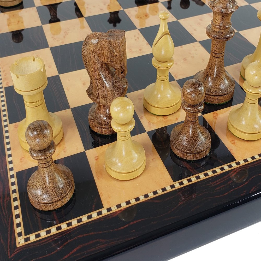 3 1/2 inch King Staunton Wood Acacia Natural Boxwood Chess Set with 18 inch Dark Walnut Color Board