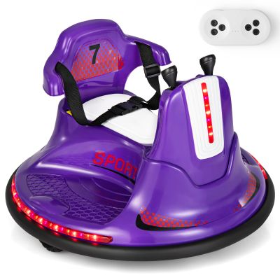 Costzon 12V Kids Ride On Bumper Car, Electric Bumper Car w/Dual Joysticks, Remote Control, 360 Spin, Slow Start Function, LED Lights & Fun Music, Adjustable Safety Belt, Soft Bumper (Purple)