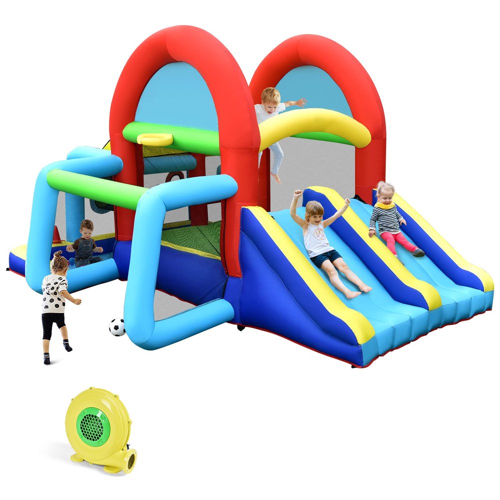 GLACER Inflatable Bounce House, 7-in-1 Kids Bouncer w/Dual Slides, Jumping Area, Football Goal, Basketball Hoop, Ball Pit, Ring-toss & Target Game, Backyard Bouncy Castle (with 480W Air Blower)