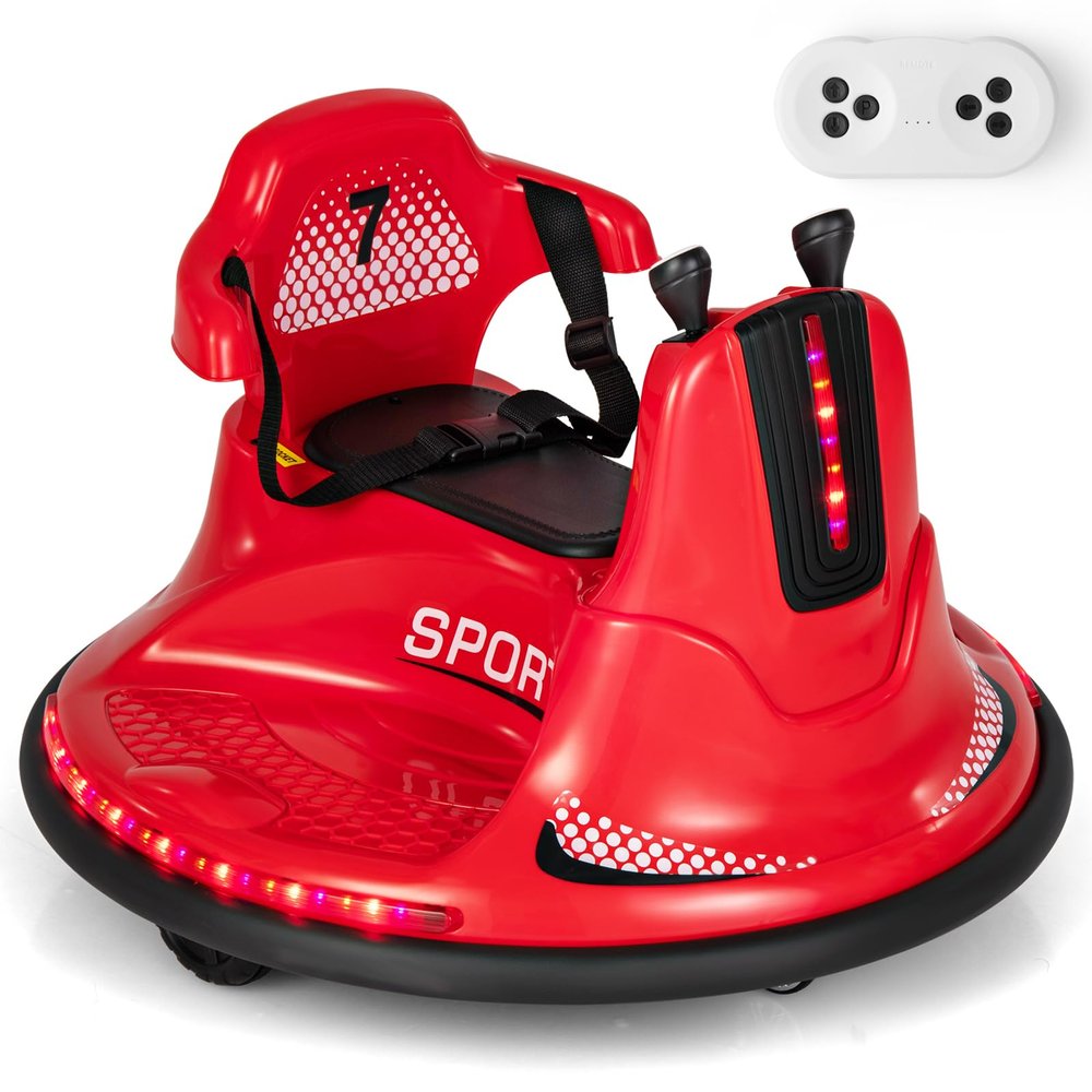 Costzon 12V Kids Ride On Bumper Car, Electric Bumper Car w/Dual Joysticks, Remote Control, 360 Spin, Slow Start Function, LED Lights & Fun Music, Adjustable Safety Belt, Soft Bumper (Red)