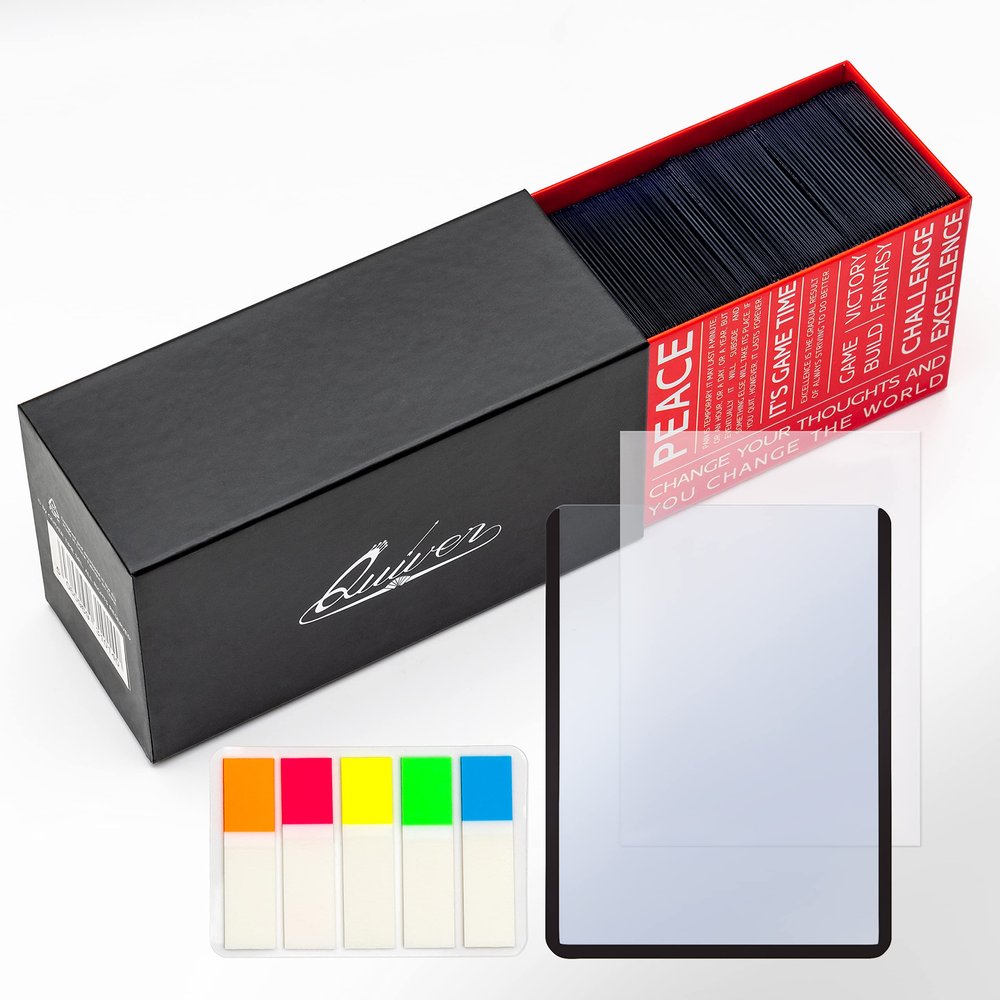 Quiver Time 100 Black 3x4 Top Loaders for Cards - Durable 35pt Toploader Hard Plastic Card Sleeves for Sports, Baseball, Football & TCG Cards (+100 Penny Sleeves +100 Pull-Tabs +Storage Box)