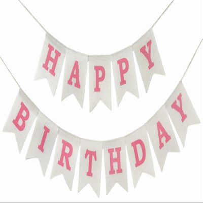 Burlap Happy Birthday Banner, Assembled Reusable Pink Happy Sign for Rustic Birthday Party Decorations