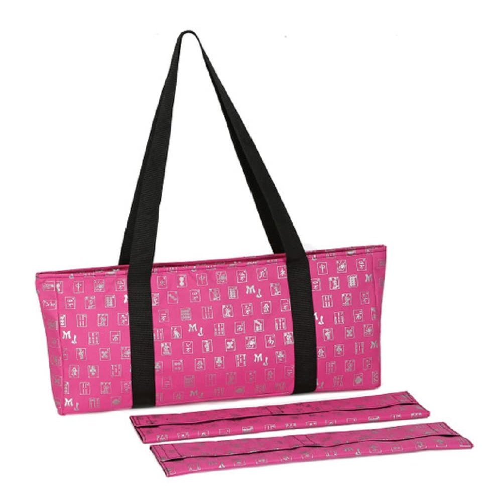 Mah Jongg Full Set Fuchsia (Pink) & Silver MJ Designer Logo Soft Case with 166 White Tiles and Four Color Pusher Racks