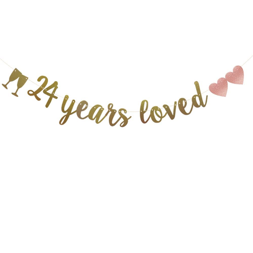 24 Years Loved Banner, Pre-Strung, Gold Glitter Paper Garlands for 24th Birthday/Wedding Anniversary Party Decorations Supplies, No Assembly Required,Gold,SUNbetterland