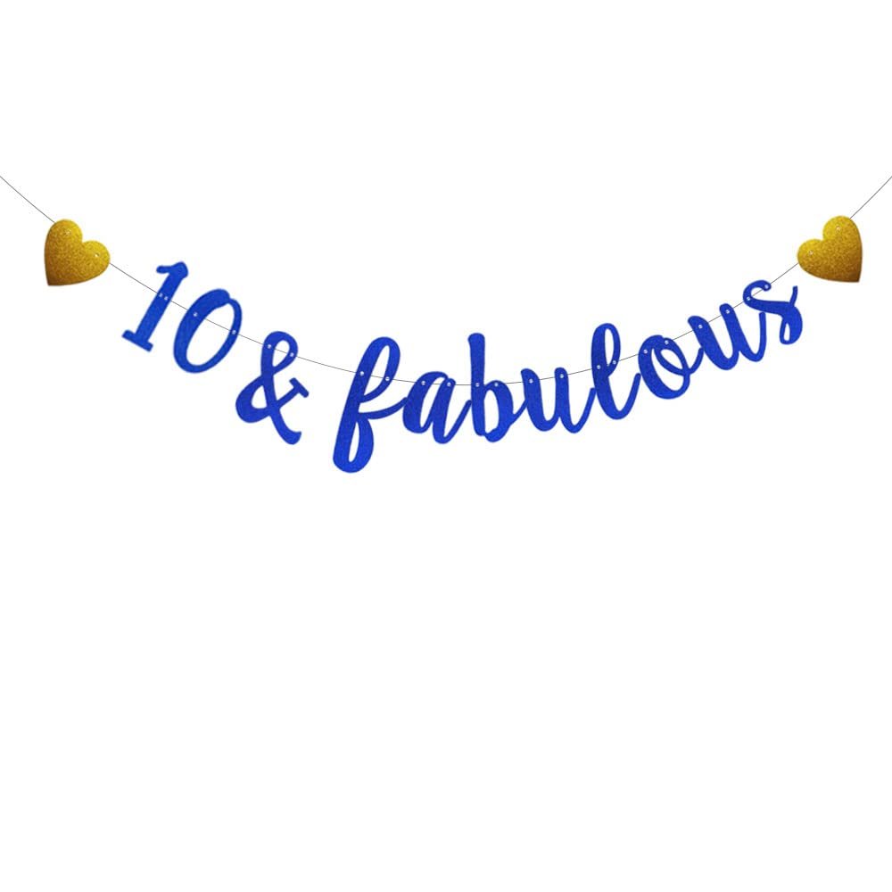 10 & Fabulous Banner,Pre-Strung,Blue Glitter Paper Banner Sign Garlands,10th Birthday / Anniversary Party Decorations Supplies,Letters Blue,SUNbetterland