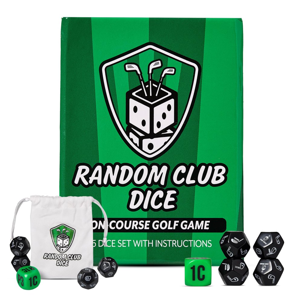 Random Club Dice On-Course Golf Dice Game Fun Golf Dice Games Challenge for Golfers and Friends Portable Dice Games On-Course Play Includes 4 Random Club Dice, 1 Action Dice & Storage Bag