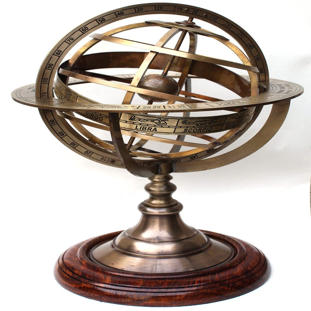 Divine Handicraft 11" Brass Armillary Sphere Globe Astrolabe Zodiac Engraved Celestial Globe On Wooden Base