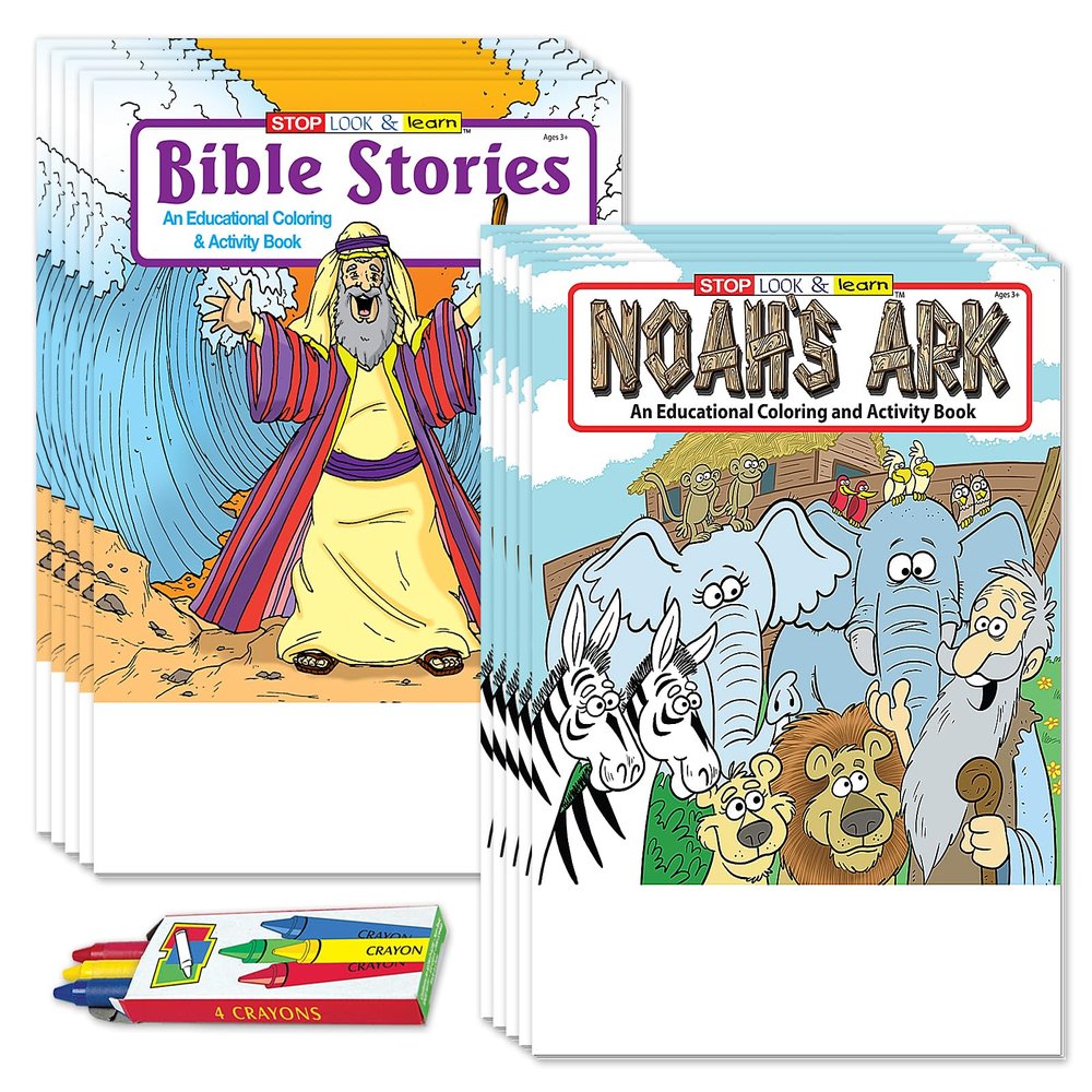 Safety Magnets 50Pack Christian Coloring Books with Crayons for Kids Bible Stories (25) and Noahs Ark (25) Bulk Religious Activity Books for Sunday School, VBS, CCD, Church Events