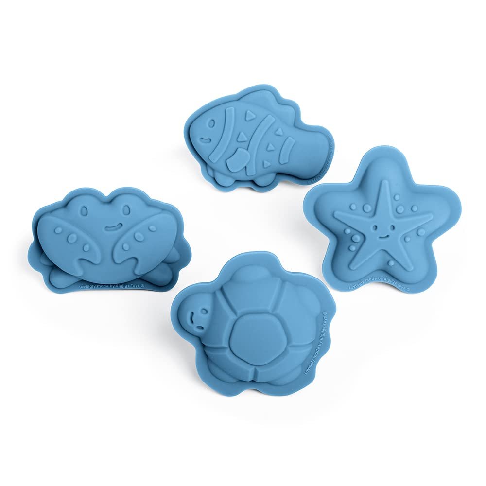 Bigjigs Toys Powder Blue Silicone Sand Moulds - 4 Piece Silicone Beach Toys Set, Eco Friendly Beach Toys, Sustainable Sand and Water Toys, Sand Toys for Toddlers Age 3-5 Years