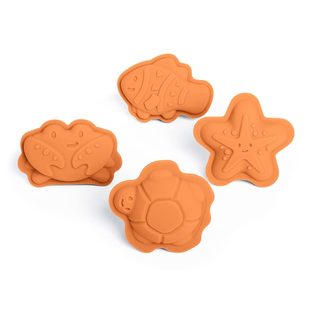 Bigjigs Toys Apricot Orange Silicone Sand Moulds - 4 Piece Silicone Beach Toys Set, Eco Friendly Beach Toys, Sustainable Sand and Water Toys, Sand Toys for Toddlers Age 3-5 Years