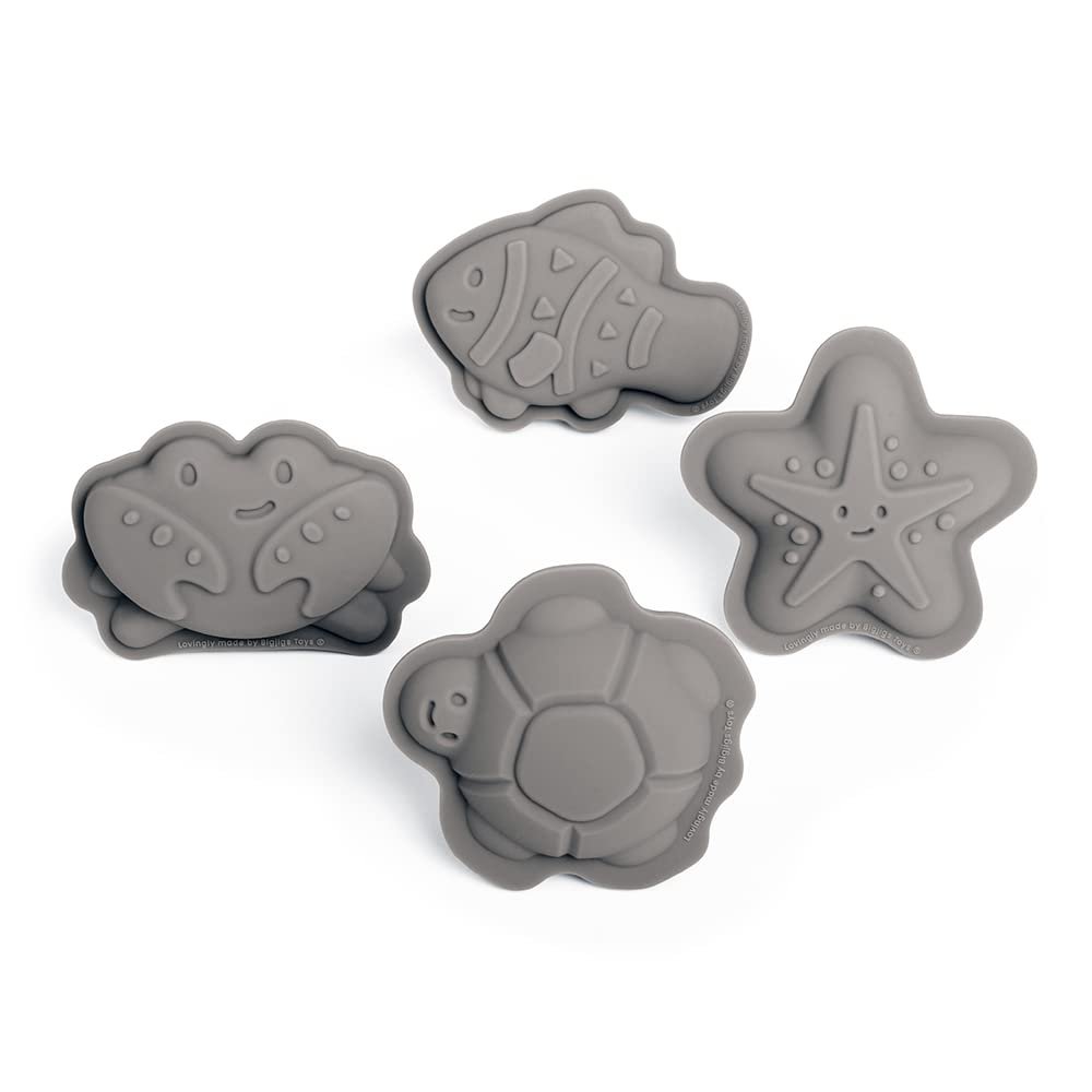 Bigjigs Toys Stone Grey Silicone Sand Moulds - 4 Piece Silicone Beach Toys Set, Eco Friendly Beach Toys, Sustainable Sand and Water Toys, Sand Toys for Toddlers Age 3-5 Years