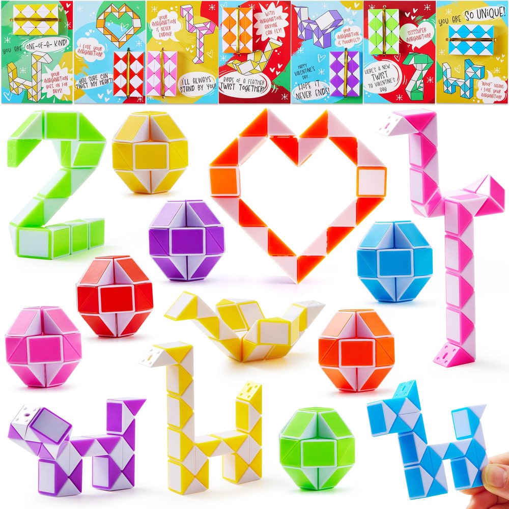 JOYIN 28 Packs Valentine's Day Cards with Snake Twist Toys for Kids, Snake Twist Puzzle Magic Stress Relief Fidget Toys with Cards for Valentine Classroom Exchange Prizes Party Favor