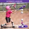 QDRAGON 2 in 1 T Ball Sets for Kids 3-5 5-8, Tee Ball Set with Automatic Pitching Machine/Adjustable Batting Bat & Stand/6 Balls, Baseball Toys Outdoor Sport for Toddlers Girls, Pink view 3