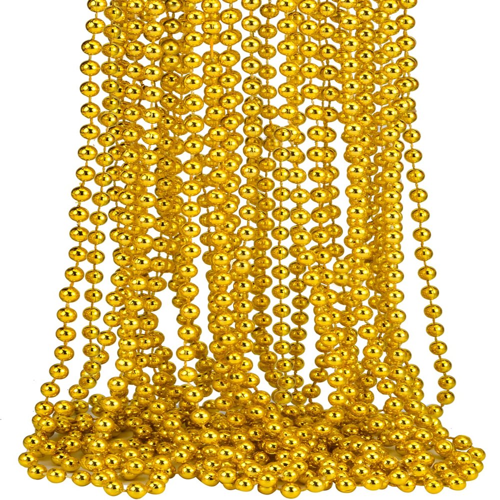 32 PCS 7mm Mardi Gras Bead Gold Faux Pearl Beads Necklaces Bulk Party Favor Plastic Play Pearl for 32" Carnival Necklaces Christmas Party St. Patrick's Day Costume Necklace