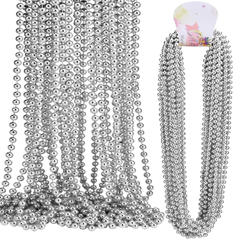 16 PCS 7mm Mardi Gras Bead Silver Faux Pearl Beads Necklaces Bulk Party Favor Plastic Play Pearl for 32" Carnival Necklaces Christmas Party St. Patrick's Day Costume Necklace