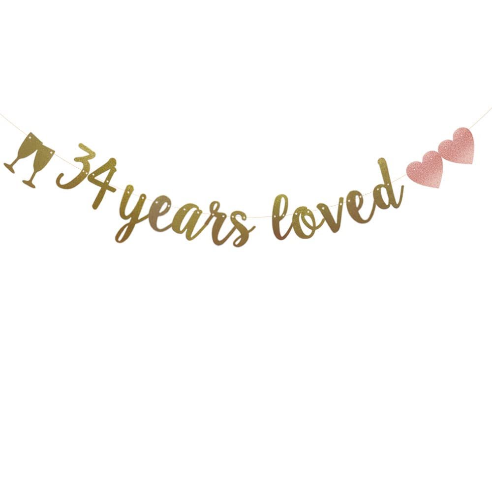 34 Years Loved Banner, Pre-Strung, Gold Glitter Paper Garlands for 34th Birthday/Wedding Anniversary Party Decorations Supplies, No Assembly Required,Gold,SUNbetterland