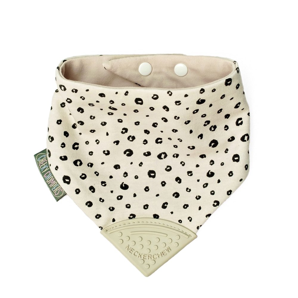 Cheeky Chompers 2-in-1 Baby Dribble Bib With Soft Silicone Teether, Reversible Bandana Style, Innovative Dimple Design Soothes Gums, 3-Layer Absorbency (Leopard Spot Neckerchew)