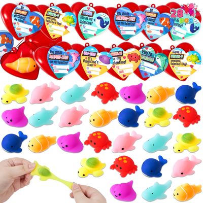 JOYIN 28 Packs Valentines Day Gifts for Kids, Sea Animals Mochi Squishy Toy with Heart Valentines Day Cards for Kids School Classroom, Stress Relief Toy for Valentine Party Favors, Class Exchange