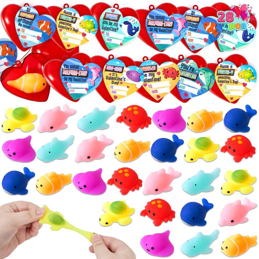 JOYIN 28 Packs Valentines Day Gifts for Kids, Sea Animals Mochi Squishy Toy with Heart Valentines Day Cards for Kids School Classroom, Stress Relief Toy for Valentine Party Favors, Class Exchange