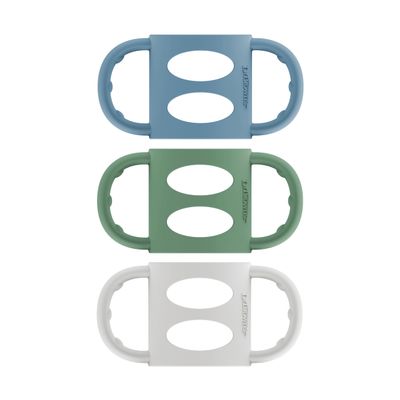 Dr. Brown's Narrow Baby Bottle Handles, 100% Silicone, Easy Grip Removable Handles for Bottle to Sippy Cup Transition, Blue/Gray/Green, 3-Pack, 4m+