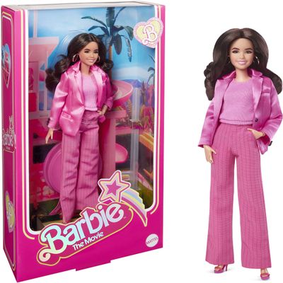 Barbie The Movie Doll, Gloria Collectible Wearing Three-Piece Pink Power Pantsuit with Strappy Heels & Golden Earrings