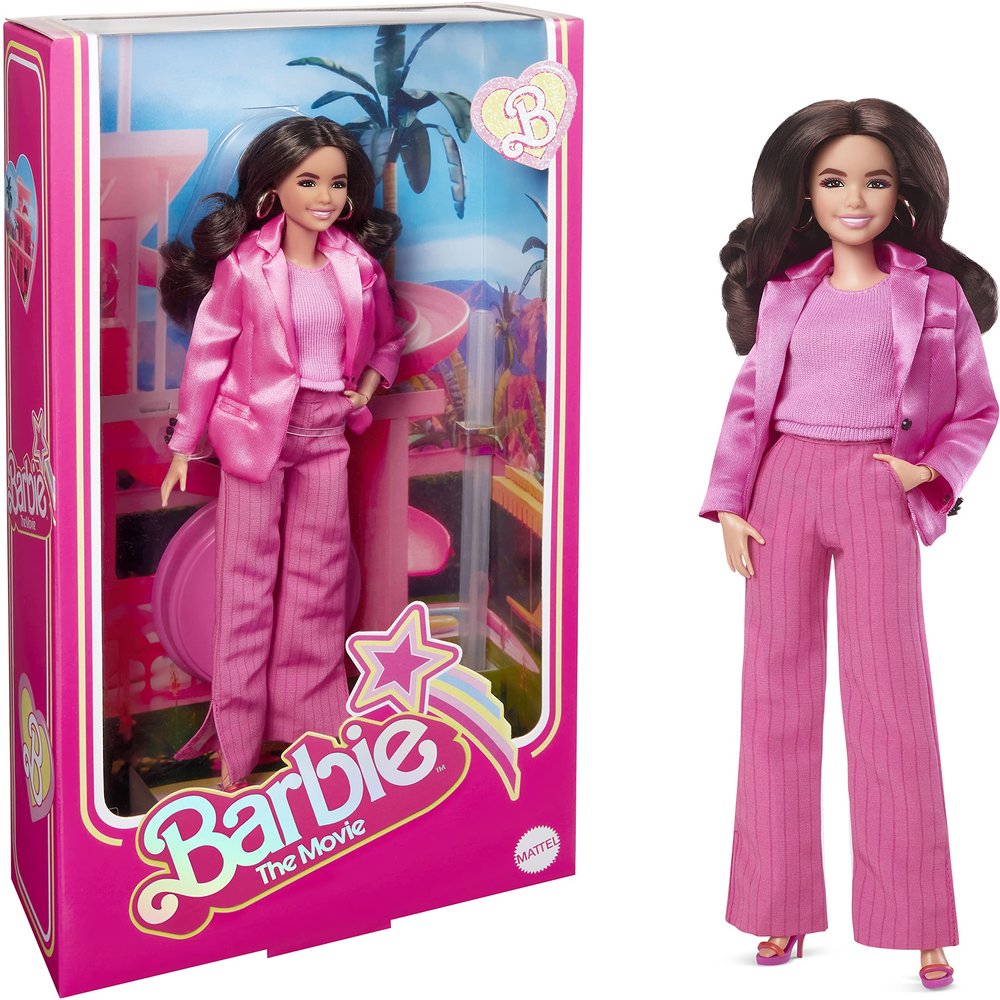 Barbie The Movie Doll, Gloria Collectible Wearing Three-Piece Pink Power Pantsuit with Strappy Heels & Golden Earrings