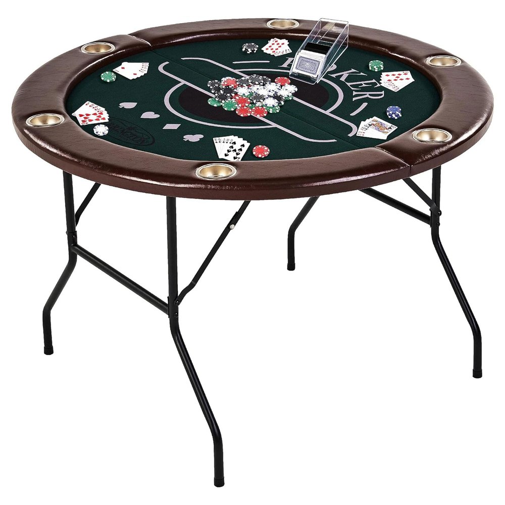 Barrington Billiards 6 Player Folding Round Card Table Casino Style 46 Inch Poker Table with Padded Rails, Cup Holders, and Poker Chips and Cards