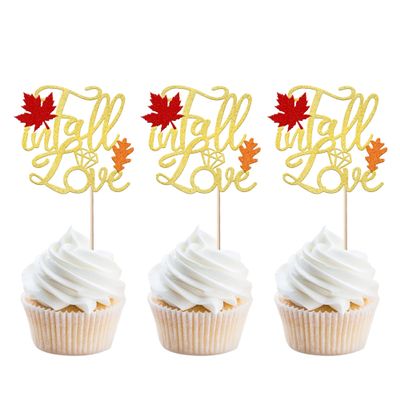 24 Pack Fall in Love Cupcake Toppers Glitter Maple Leaves Fall Maple Leaves Cupcake Picks Thanksgiving Bride Cupcake Decorations Bridal Shower Wedding Engagement Anniversary Party Supplies