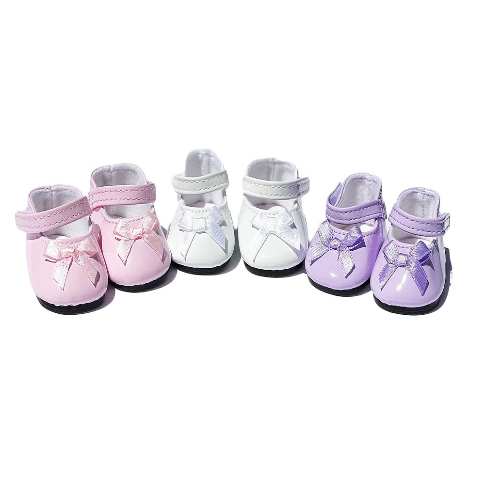 18 Inch Doll Shoes- 3 Pairs of Bow Mary Janes- Fits 18 Inch Girl Dolls (Pink Purple White)