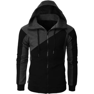Maiyifu-GJ Men's Fleece Hoodies Full Zip Lightweight Color Block Hoodie Long Sleeve Zip-up Hooded Sweatshirt With Pocket (Black,Large)