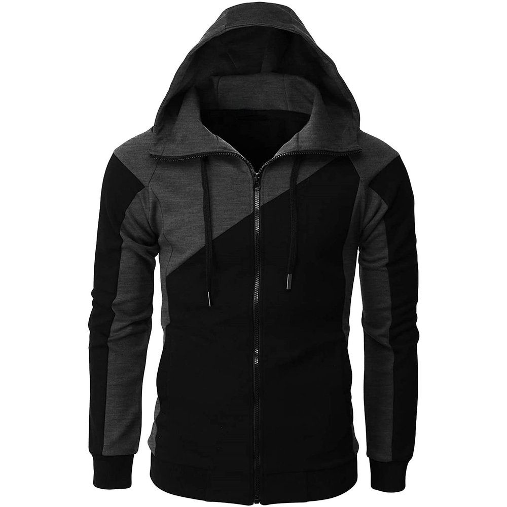 Maiyifu-GJ Men's Fleece Hoodies Full Zip Lightweight Color Block Hoodie Long Sleeve Zip-up Hooded Sweatshirt With Pocket (Black,Large)