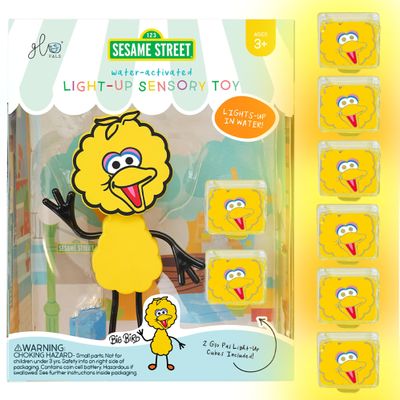 Glo Pals x Sesame Street Water-Activated Bath Toy with 6 Reusable Light-Up Cubes for Sensory Play (Big Bird, Cubes with Character)