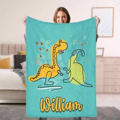 Artsadd Custom Dinosaur Fleece Throw Blanket for Kids Boys Girls Baby Custom Name Blanket Toddler Infants Blankets for Bed Birthday Shower Gift