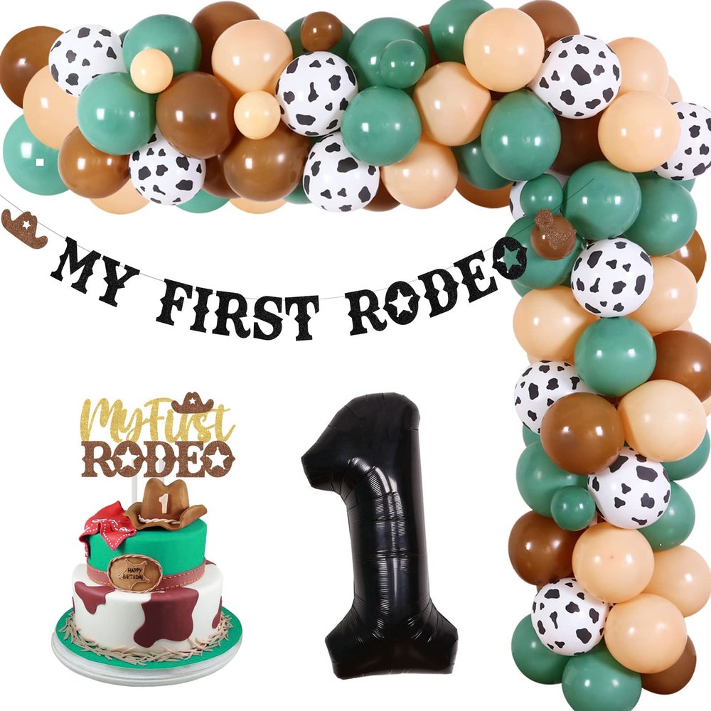 Cowboy 1st Birthday Decorations, My First Rodeo Birthday Party Balloon Garland Arch Kit with Number 1 Foil Balloon Banner Cake Topper for Cowboy Themed Party 1st Birthday