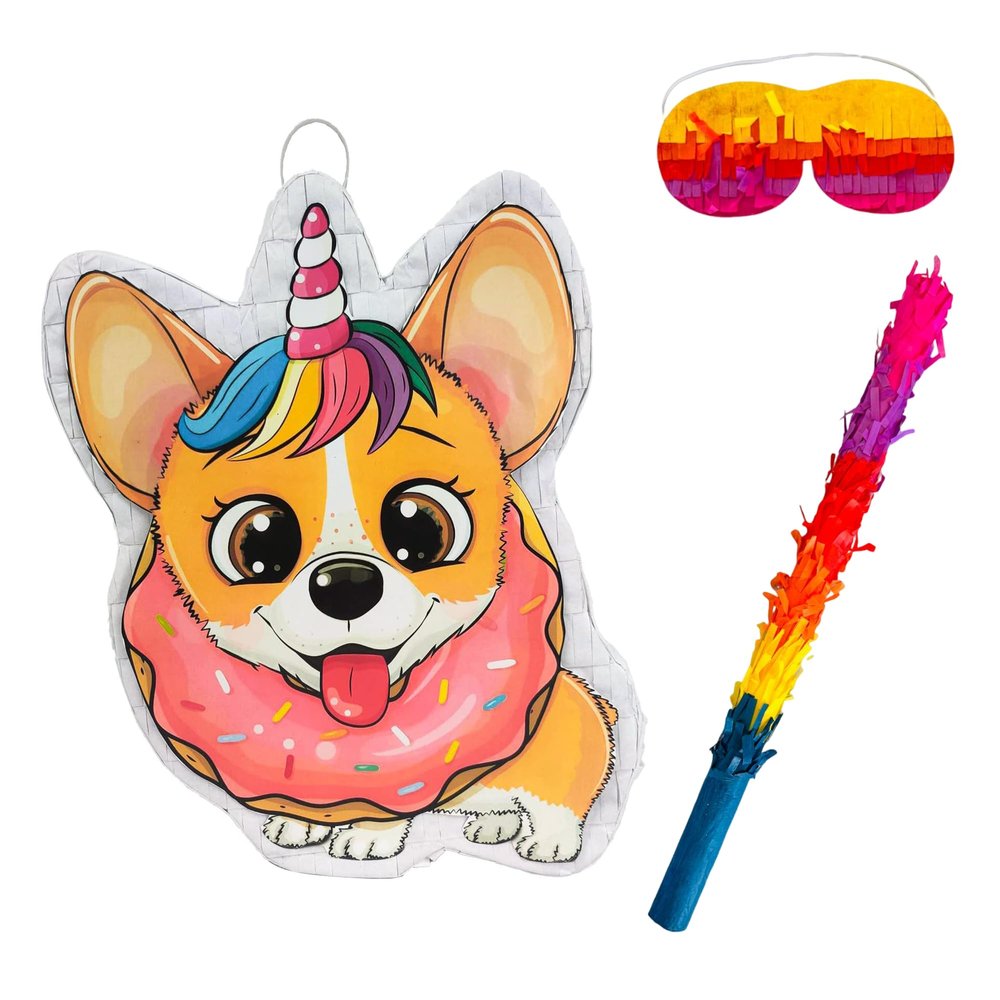 Dog Donut Pinata Bulk Candy Fill Spill Pinatas - Includes Blindfold and Batting Stick. Game for Kids Boys, Girls Birthday Parties Supplies .School Carnivals Dog Party Event - 16.5 X 12 X 4 Inch