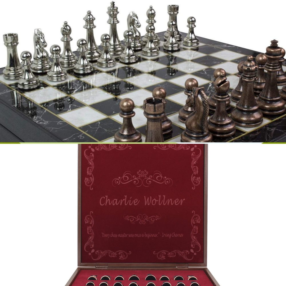 Antochia Crafts 8 Inches Personalized Chess Set - Boxed Custom Chess Board and Metal Chess Figures Set - Gift Idea for Son, Husband, Father and Anyone for Birthday, Anniversary and Any Occasion