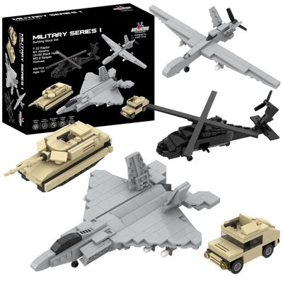 Apostrophe Games 5 Military Building Block Sets (659 Pieces) F-22 Raptor, M1 Abrams Tank, Black Hawk Helicopter, Reaper UAV and Humvee Army Truck Scale Models for Kids and Adults