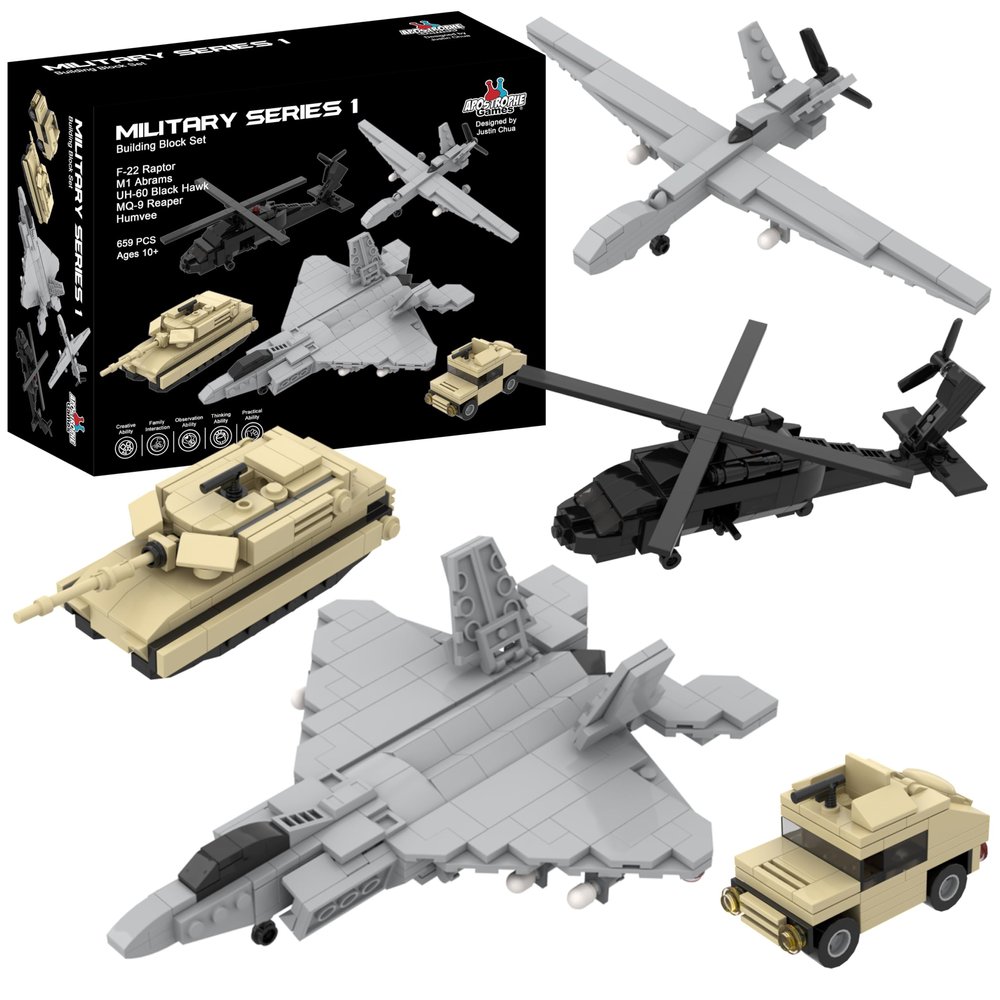 Apostrophe Games 5 Military Building Block Sets (659 Pieces) F-22 Raptor, M1 Abrams Tank, Black Hawk Helicopter, Reaper UAV and Humvee Army Truck Scale Models for Kids and Adults
