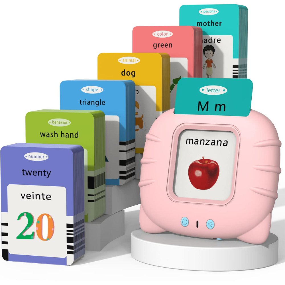 Startcan Spanish & English Talking Flash Cards for Toddlers 1 2 3 4 5 6, Audible Toys for Kids to Learn Spanish - 258 Cards and 516 Words(Pink)